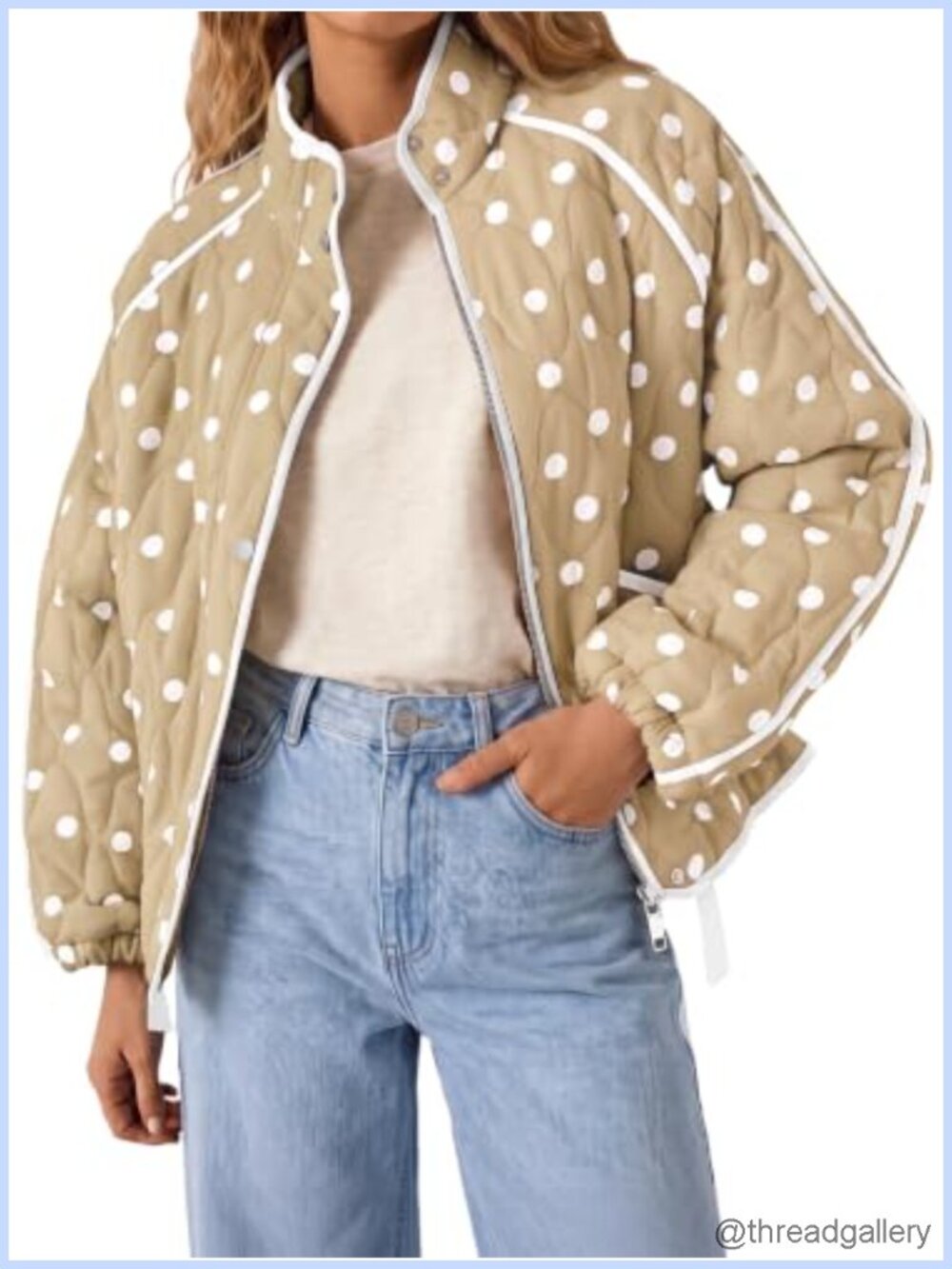 Tankaneo Quilted Lightweight Zip Up Jacket Trendy Polka Dot Stand Collar